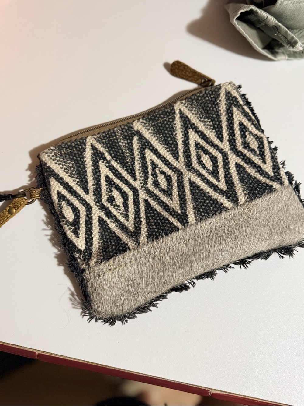 Myra Bag Black & Cream Geometric Handwoven Zip Clutch